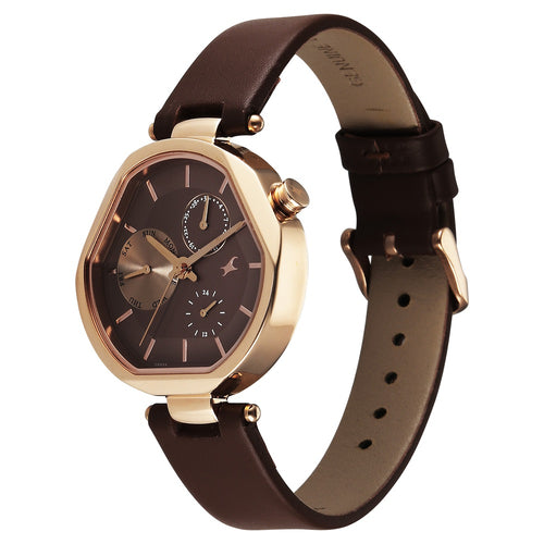 Fastrack Tick Tock Quartz Multifunction Brown Dial Leather Strap Watch For Girls 6319WL01