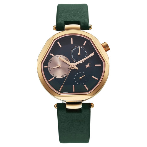 Fastrack Tick Tock Quartz Multifunction Green Dial Leather Strap Watch For Girls 6319WL02