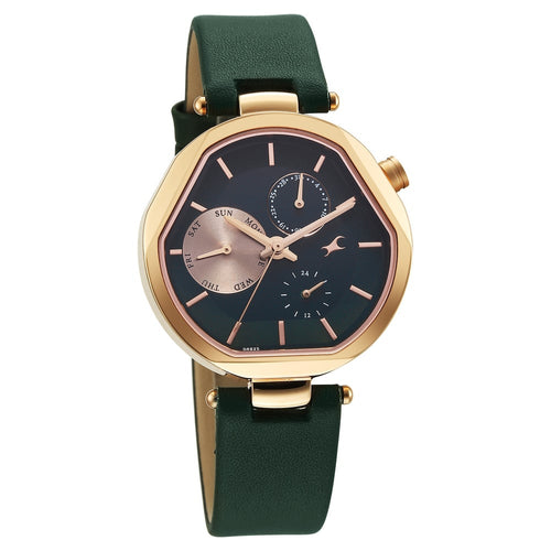 Fastrack Tick Tock Quartz Multifunction Green Dial Leather Strap Watch For Girls 6319WL02
