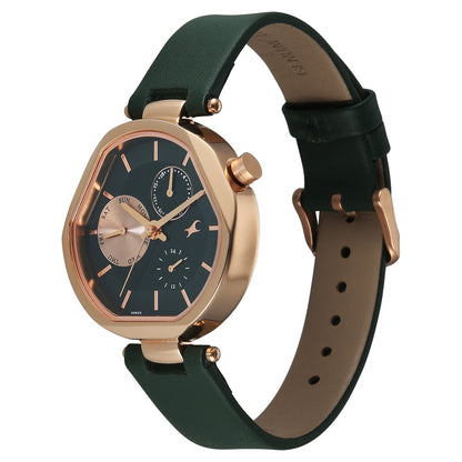 Fastrack Tick Tock Quartz Multifunction Green Dial Leather Strap Watch For Girls 6319WL02