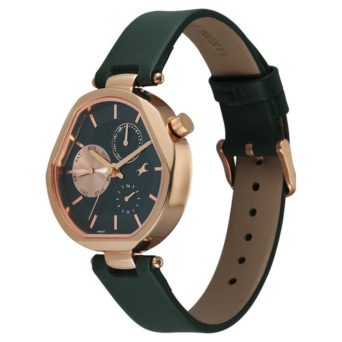 Fastrack Tick Tock Quartz Multifunction Green Dial Leather Strap Watch For Girls 6319WL02