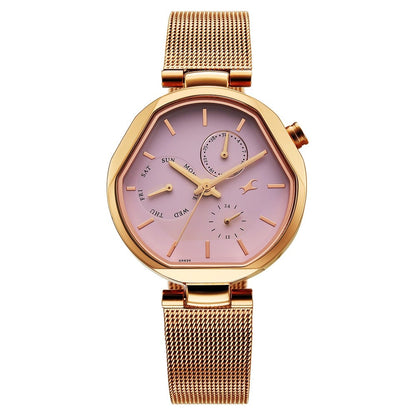 Fastrack Tick Tock Quartz Multifunction Pink Dial Stainless Steel Strap Watch For Girls 6319WM01