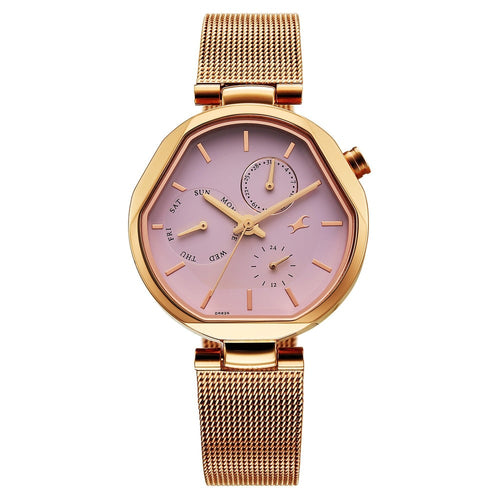 Fastrack Tick Tock Quartz Multifunction Pink Dial Stainless Steel Strap Watch For Girls 6319WM01