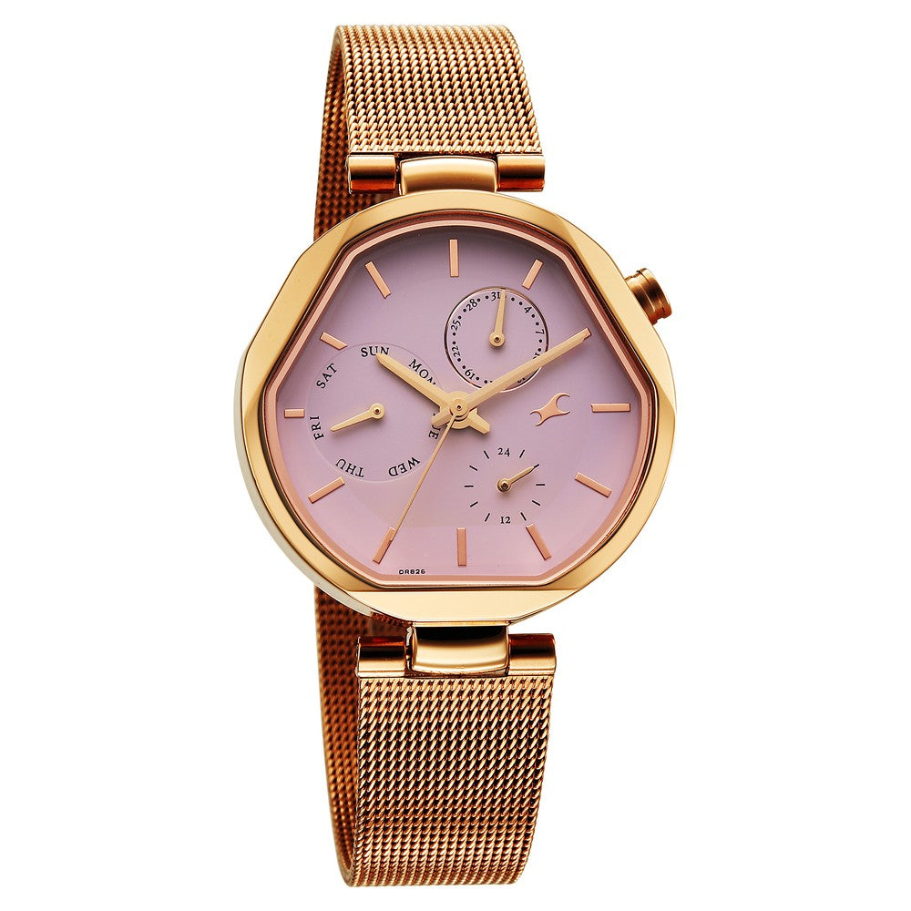 Fastrack Tick Tock Quartz Multifunction Pink Dial Stainless Steel Strap Watch For Girls 6319WM01