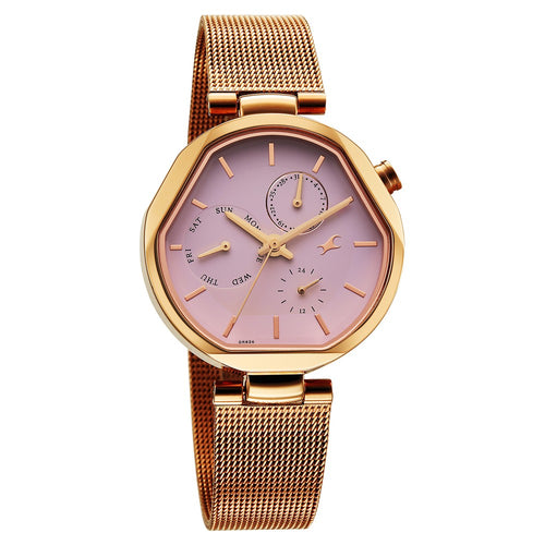 Fastrack Tick Tock Quartz Multifunction Pink Dial Stainless Steel Strap Watch For Girls 6319WM01