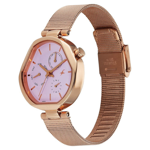 Fastrack Tick Tock Quartz Multifunction Pink Dial Stainless Steel Strap Watch For Girls 6319WM01