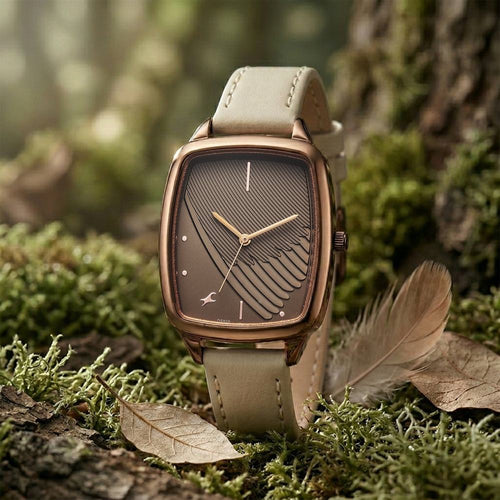 Fastrack Wild Quartz Analog Brown Dial Beige Leather Strap Watch For Girls 6321QL02