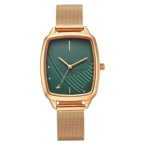 Fastrack Wild Quartz Analog Green Dial Rose Gold Stainless Steel Strap Watch For Girls 6321WM04