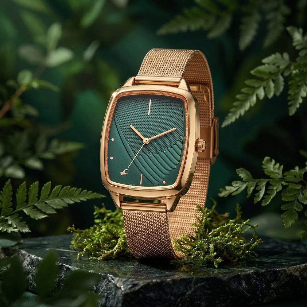 Fastrack Wild Quartz Analog Green Dial Rose Gold Stainless Steel Strap Watch For Girls 6321WM04