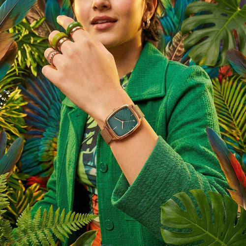 Fastrack Wild Quartz Analog Green Dial Rose Gold Stainless Steel Strap Watch For Girls 6321WM04