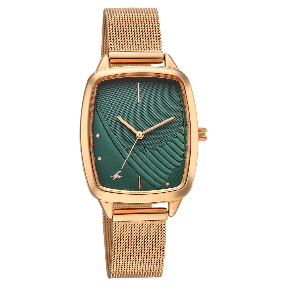 Fastrack Wild Quartz Analog Green Dial Rose Gold Stainless Steel Strap Watch For Girls 6321WM04