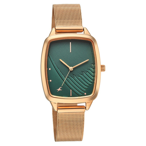 Fastrack Wild Quartz Analog Green Dial Rose Gold Stainless Steel Strap Watch For Girls 6321WM04
