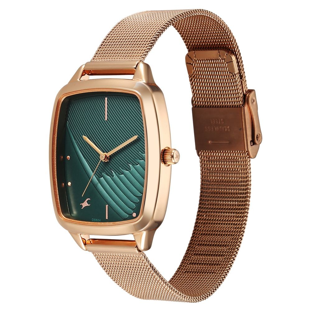 Fastrack Wild Quartz Analog Green Dial Rose Gold Stainless Steel Strap Watch For Girls 6321WM04
