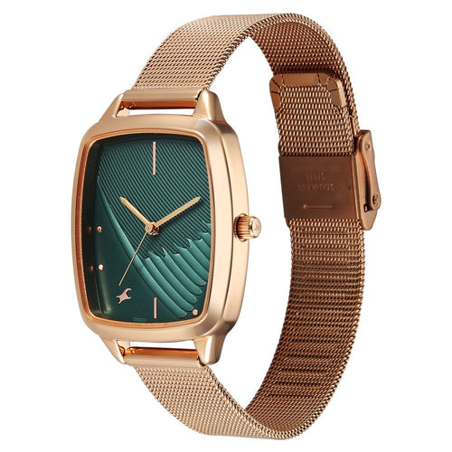 Fastrack Wild Quartz Analog Green Dial Rose Gold Stainless Steel Strap Watch For Girls 6321WM04