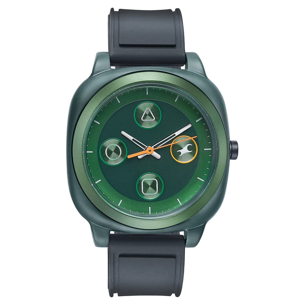 Fastrack Hype Retro Aracde Quartz Analog Unisex Watch With Green Dial Black Silicone Strap Watch For Unisex 68034PP09W