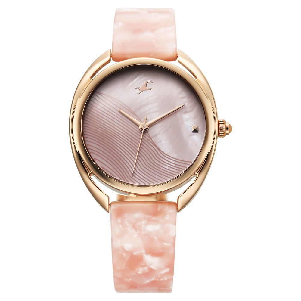 Fastrack Younique Quartz Analog Pink Color Mother Of Pearl Dial Acetate And Metal Strap Watch For Girls NT68036KD01