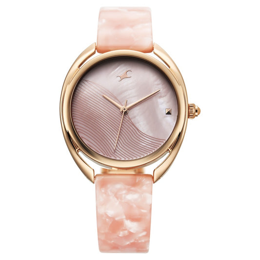 Fastrack Younique Quartz Analog Pink Color Mother Of Pearl Dial Acetate And Metal Strap Watch For Girls NT68036KD01