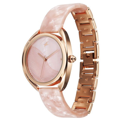 Fastrack Younique Quartz Analog Pink Color Mother Of Pearl Dial Acetate And Metal Strap Watch For Girls NT68036KD01