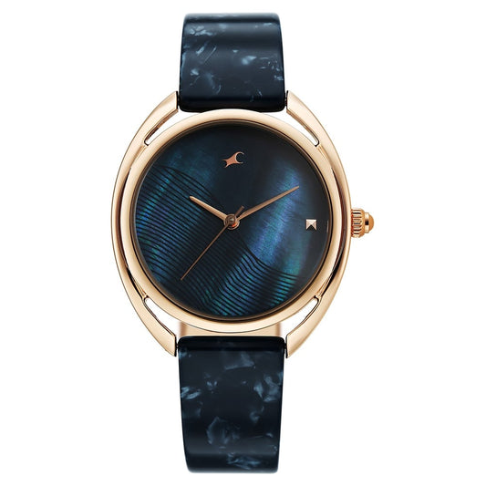 Fastrack Younique Quartz Analog Blue Mother Of Pearl Dial Two Toned Acetate & Metal Strap Watch For Girls 68036KD04