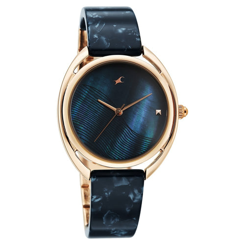 Fastrack Younique Quartz Analog Blue Mother Of Pearl Dial Two Toned Acetate & Metal Strap Watch For Girls 68036KD04