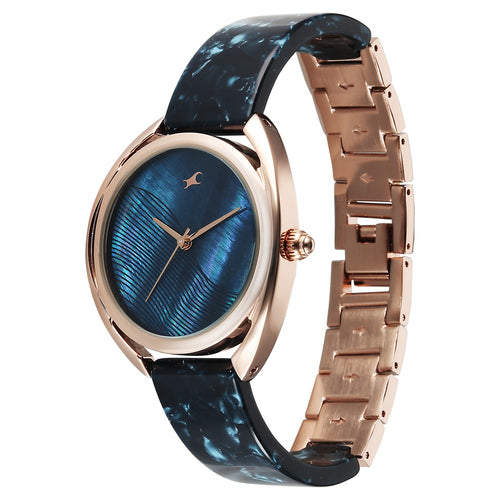 Fastrack Younique Quartz Analog Blue Mother Of Pearl Dial Two Toned Acetate & Metal Strap Watch For Girls 68036KD04