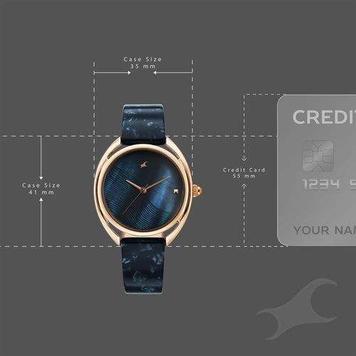 Fastrack Younique Quartz Analog Blue Mother Of Pearl Dial Two Toned Acetate & Metal Strap Watch For Girls 68036KD04