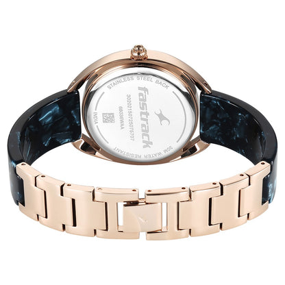 Fastrack Younique Quartz Analog Blue Mother Of Pearl Dial Two Toned Acetate & Metal Strap Watch For Girls 68036KD04