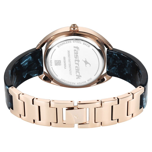 Fastrack Younique Quartz Analog Blue Mother Of Pearl Dial Two Toned Acetate & Metal Strap Watch For Girls 68036KD04