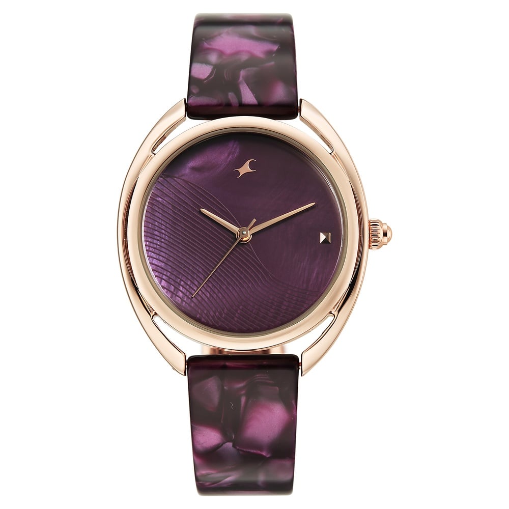Fastrack Younique Quartz Analog Purple Mother Of Pearl Dial Two Toned Acetate & Metal Strap Watch For Girls 68036KD05
