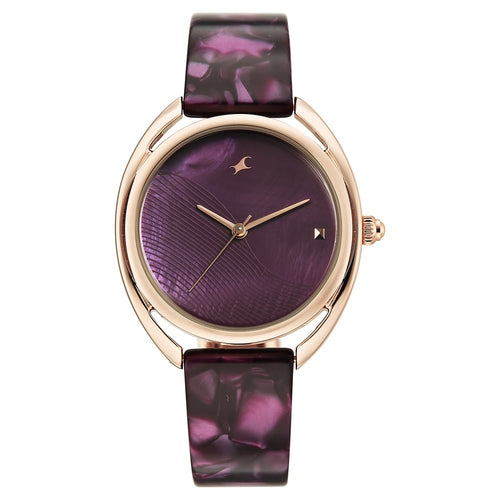 Fastrack Younique Quartz Analog Purple Mother Of Pearl Dial Two Toned Acetate & Metal Strap Watch For Girls 68036KD05
