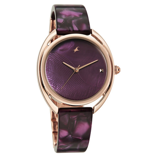 Fastrack Younique Quartz Analog Purple Mother Of Pearl Dial Two Toned Acetate & Metal Strap Watch For Girls 68036KD05