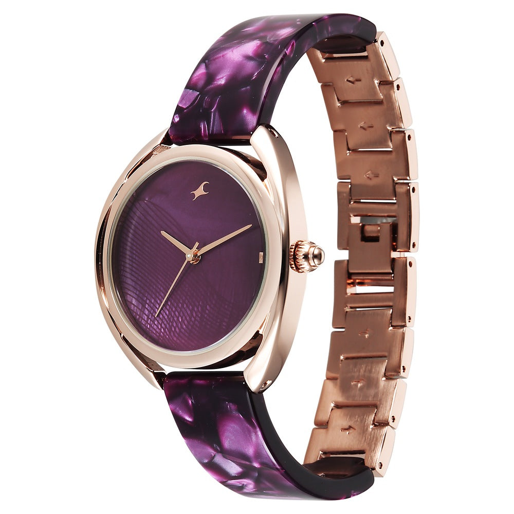 Fastrack Younique Quartz Analog Purple Mother Of Pearl Dial Two Toned Acetate & Metal Strap Watch For Girls 68036KD05