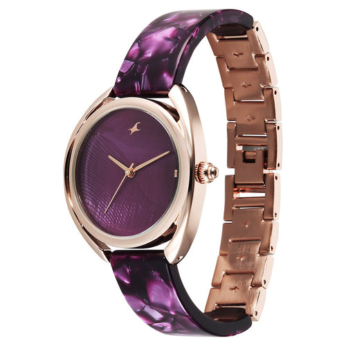 Fastrack Younique Quartz Analog Purple Mother Of Pearl Dial Two Toned Acetate & Metal Strap Watch For Girls 68036KD05