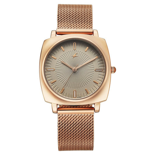Fastrack Stunners Quartz Analog Green Dial Rose Gold Stainless Steel Strap Watch For Girls 68043WM03