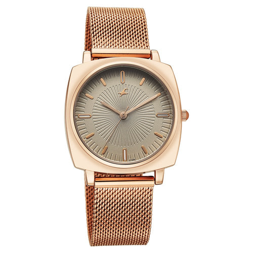 Fastrack Stunners Quartz Analog Green Dial Rose Gold Stainless Steel Strap Watch For Girls 68043WM03