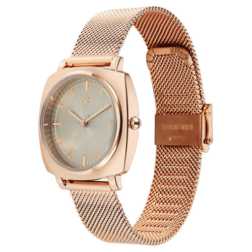 Fastrack Stunners Quartz Analog Green Dial Rose Gold Stainless Steel Strap Watch For Girls 68043WM03