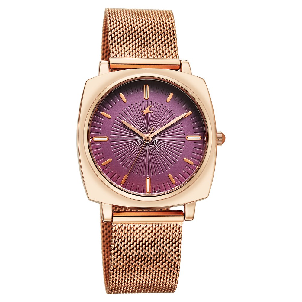 Fastrack Stunners Quartz Analog Purple Dial Rose Gold Stainless Steel Strap Watch For Girls 68043WM04