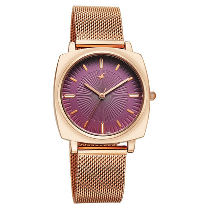Fastrack Stunners Quartz Analog Purple Dial Rose Gold Stainless Steel Strap Watch For Girls 68043WM04