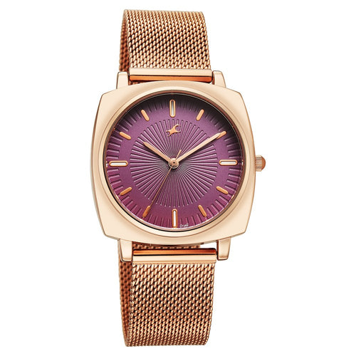 Fastrack Stunners Quartz Analog Purple Dial Rose Gold Stainless Steel Strap Watch For Girls 68043WM04
