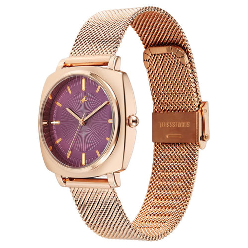 Fastrack Stunners Quartz Analog Purple Dial Rose Gold Stainless Steel Strap Watch For Girls 68043WM04