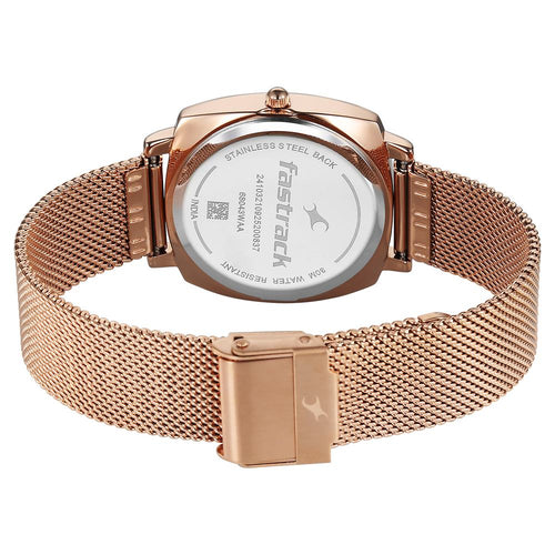 Fastrack Stunners Quartz Analog Purple Dial Rose Gold Stainless Steel Strap Watch For Girls 68043WM04