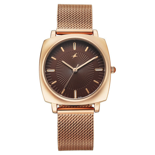 Fastrack Stunners Quartz Analog Brown Dial Rose Gold Stainless Steel Strap Watch For Girls 68043WM05