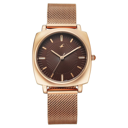 Fastrack Stunners Quartz Analog Brown Dial Rose Gold Stainless Steel Strap Watch For Girls 68043WM05