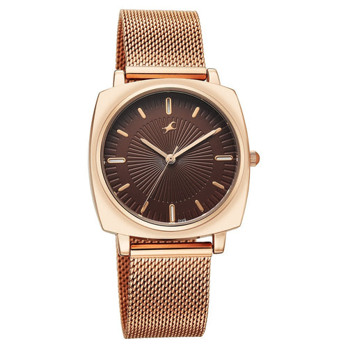 Fastrack Stunners Quartz Analog Brown Dial Rose Gold Stainless Steel Strap Watch For Girls 68043WM05