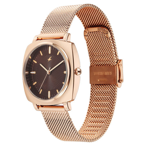 Fastrack Stunners Quartz Analog Brown Dial Rose Gold Stainless Steel Strap Watch For Girls 68043WM05
