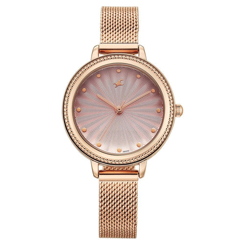 Fastrack Stunners Quartz Analog Pink Dial Rose Gold Stainless Steel Strap Watch For Girls 68048WM02