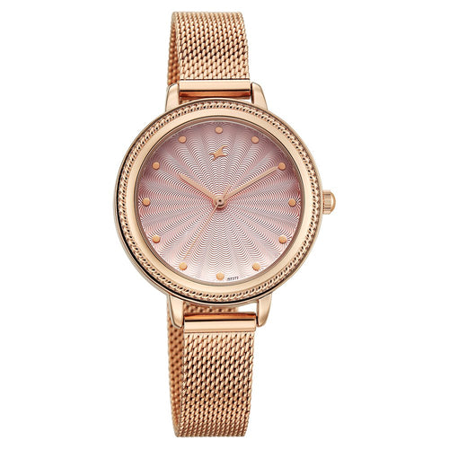 Fastrack Stunners Quartz Analog Pink Dial Rose Gold Stainless Steel Strap Watch For Girls 68048WM02