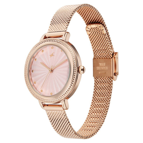 Fastrack Stunners Quartz Analog Pink Dial Rose Gold Stainless Steel Strap Watch For Girls 68048WM02