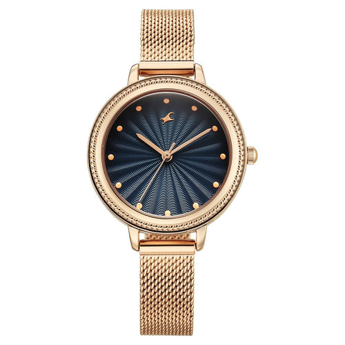 Fastrack Stunners Quartz Analog Blue Dial Rose Gold Stainless Steel Strap Watch For Girls 68048WM03