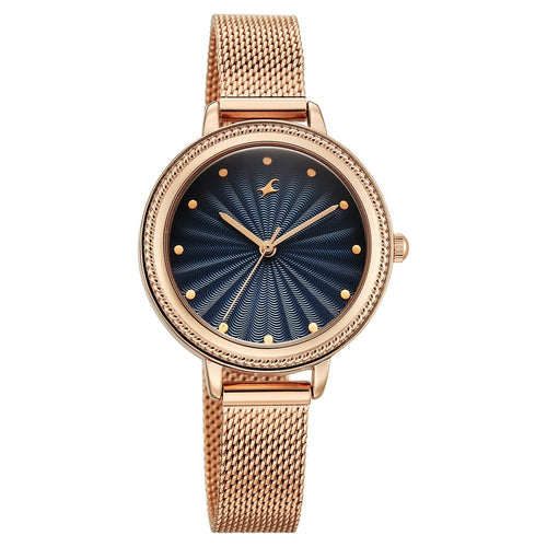 Fastrack Stunners Quartz Analog Blue Dial Rose Gold Stainless Steel Strap Watch For Girls 68048WM03